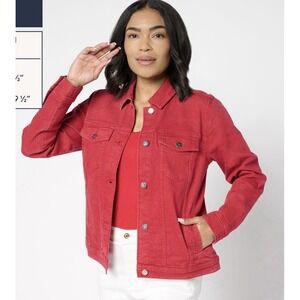 Denim & Co. Indigo Classic Stretch Denim Jacket w/ Star Buttons. Red. XL  NEW